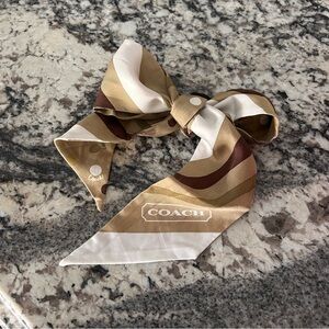 Coach Signature Silk Skinny Scarf Khaki and White stripes polka dot